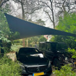 Two dark-colored cars parked under a large blue triangular shade sail in a lush garden, with bare trees in the background.