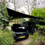 Two black cars parked under a large shade sail in a overgrown garden area, with dense shrubs and trees surrounding them