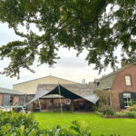 Backyard scene with a green lawn, shrubs in the foreground, and a shaded patio under triangular fabric canopies beside a brick house.