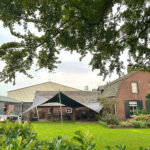 Backyard with a red-brick house, a large leafy tree overhead, and a gray-green shade sail over a shaded patio area.